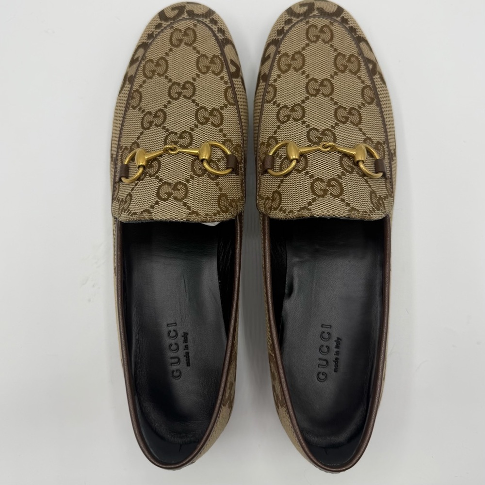 NEW NIB Gucci GG Monogram Beige Rosewood Canvas Jordaan Loafer Slippers EU 37